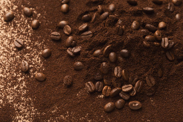 Freshly roasted coffee beans scattered over fine grounds, showcasing output of a precision coffee grinder. 